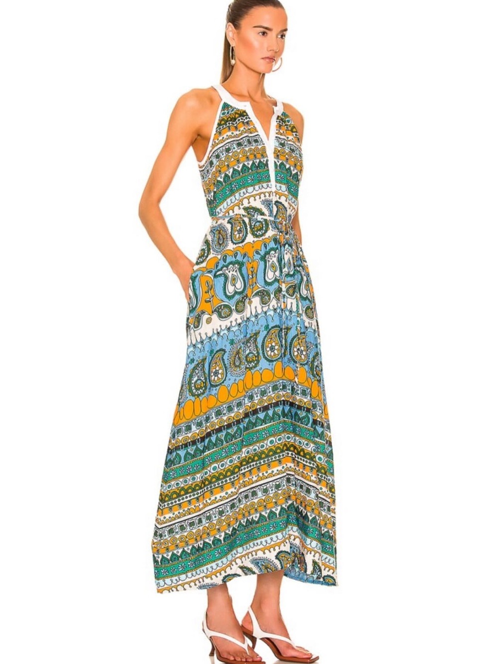 STAUD Sleeveless Printed Maxi Dress in Teal, Mustard & White